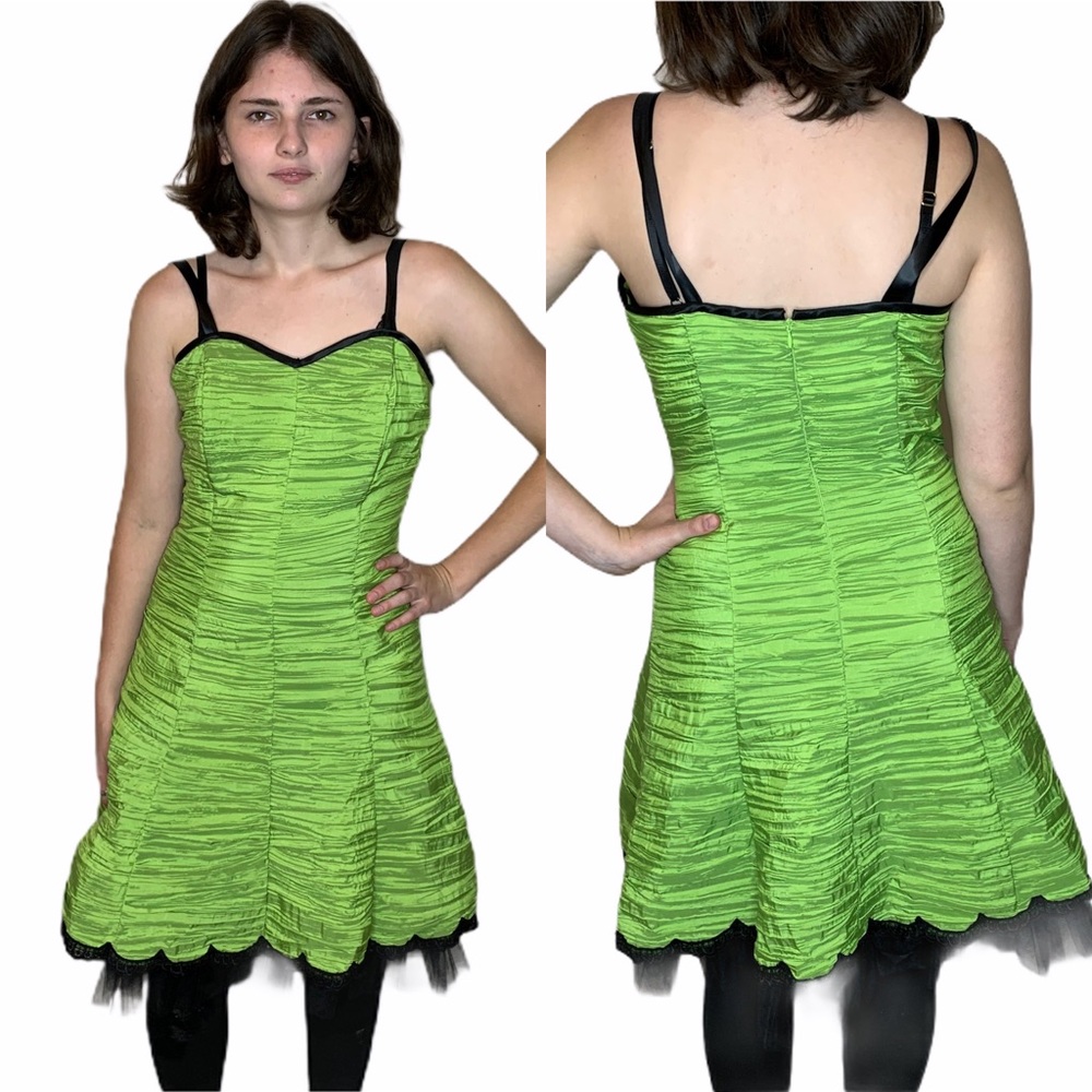 VTG Jessica McClintock Gunne Sax Lime Green Y2K Ruched Party Dress size 9